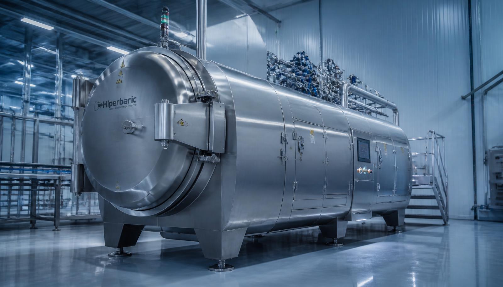 High pressure processing vessel inside a food manufacturing facility